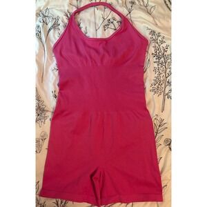 Pumiey Hot Pink Ribbed Halter Romper One Piece Active Romper,‎ Medium